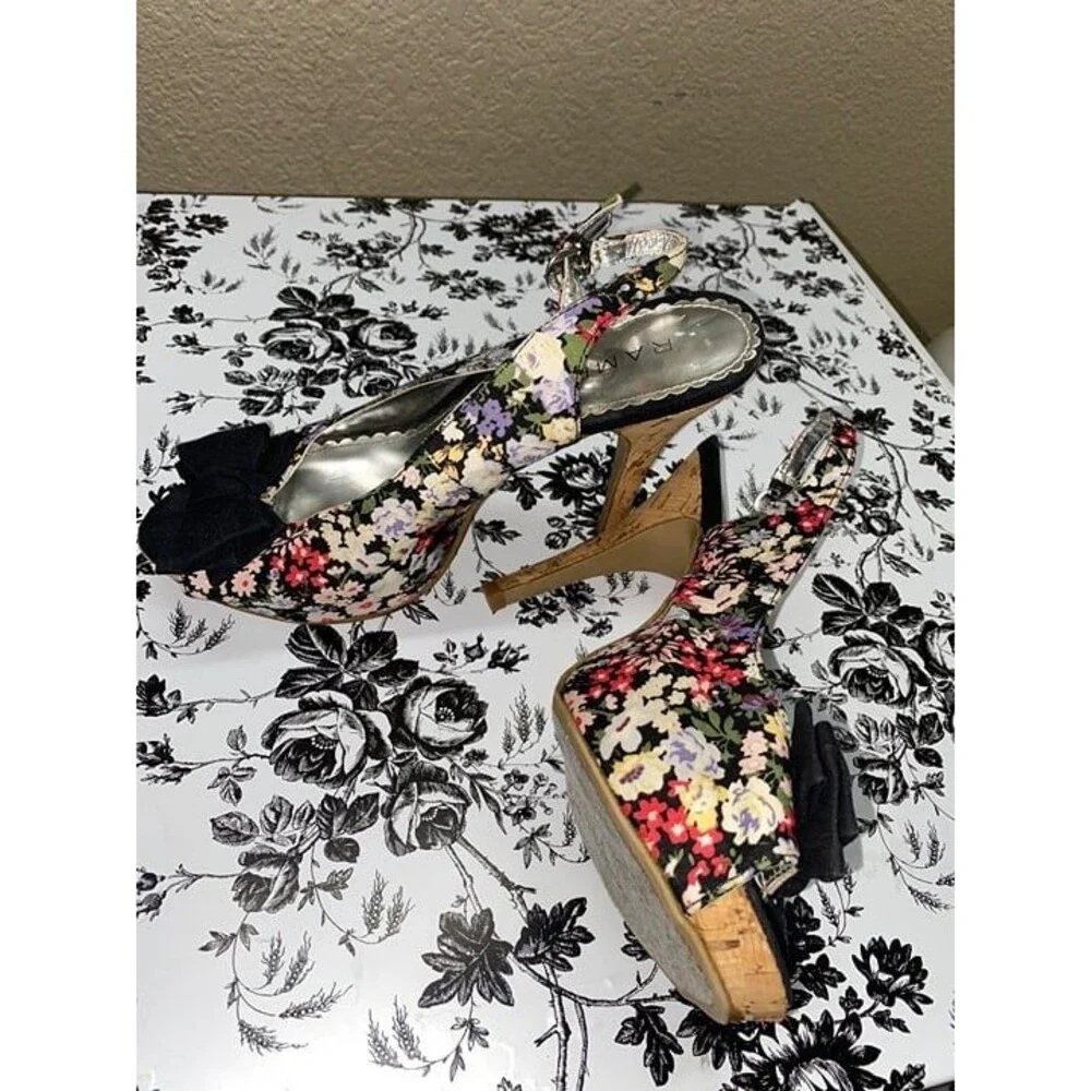* Rampage 7.5M Floral Slingback Heels with Black Bow open toe